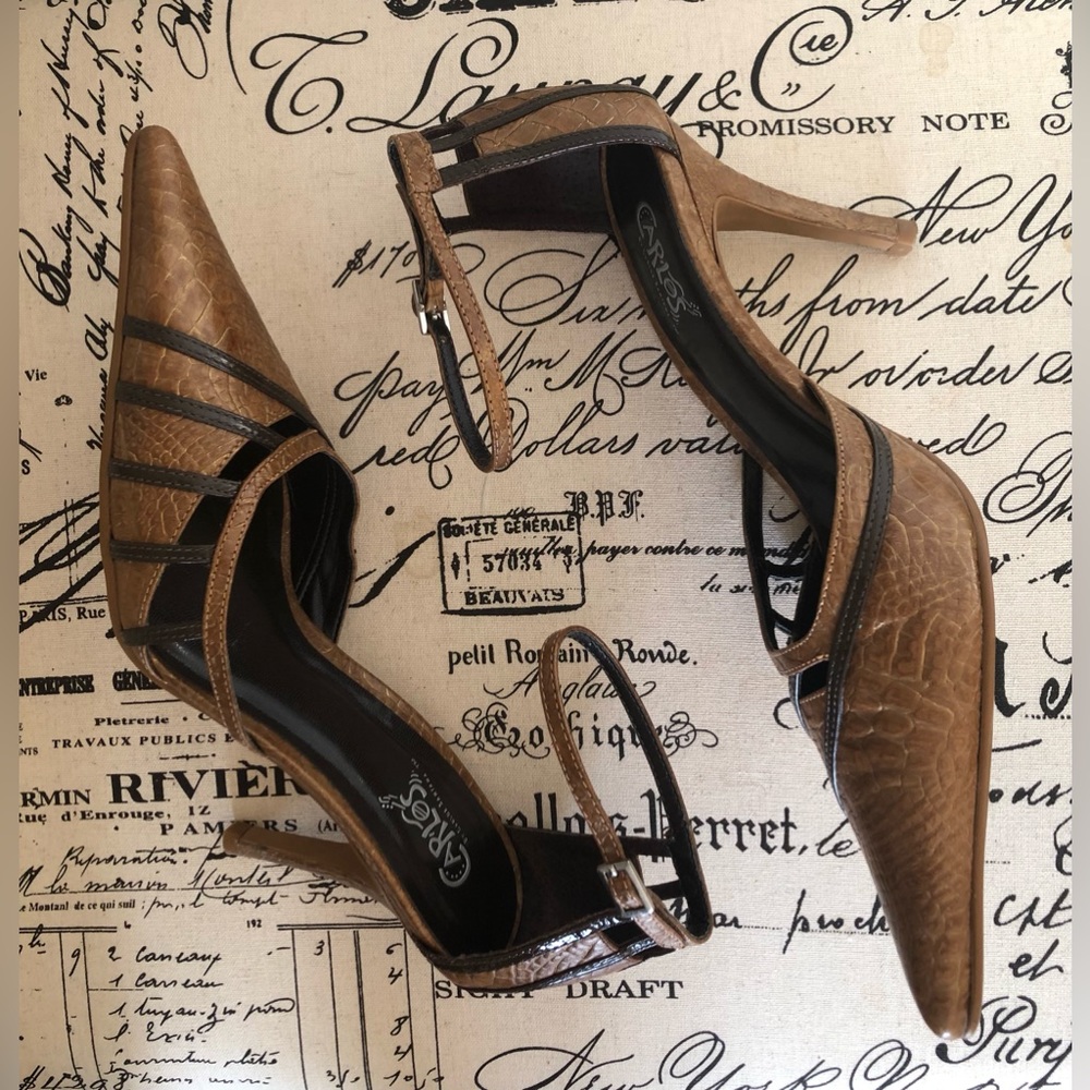 EUC; Heels, Carlos by Carlos Santana; “Retro”; Brown Leather Upper; Pointed Toe
